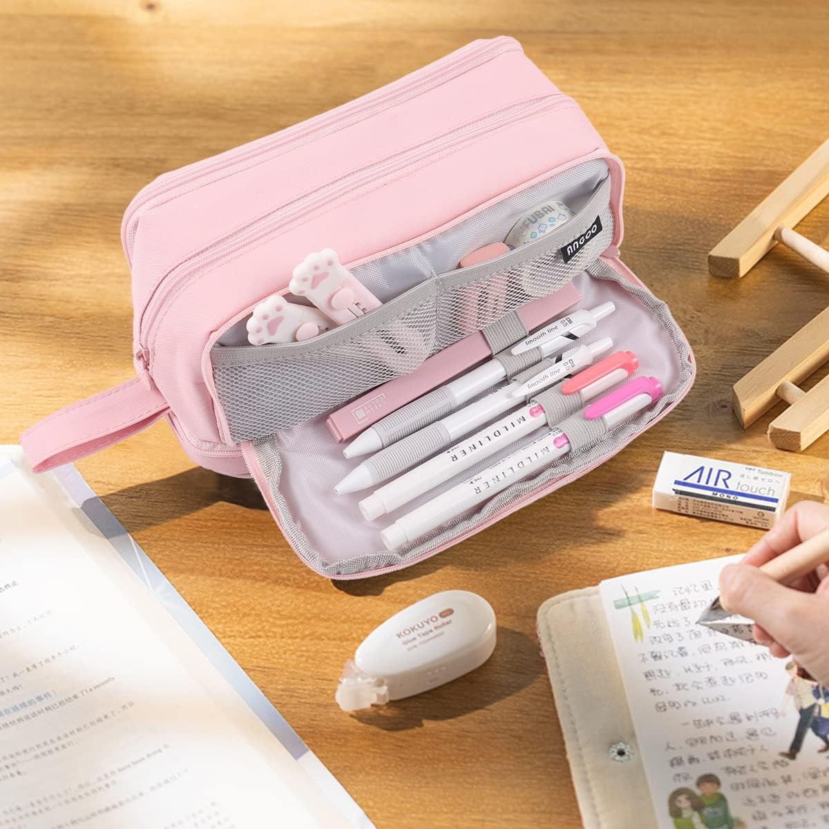 MAMUNU Large Capacity Pencil Case 4 Compartments, Pencil Pouch Bag with Zipper Portable Handle, Pen Case Bag Stationery Organizer for Office College School Adults Teen Girls Boys Men Women, Pink