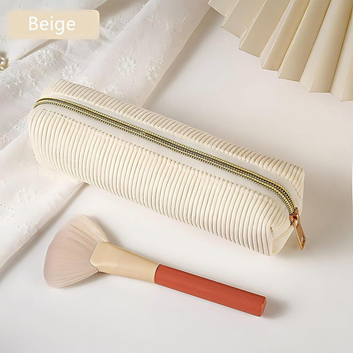 Corduroy Pencil Case with Metal Zipper Aesthetic Pen Pouch Large Capacity Makeup Bag Cosmetic Organizer Stationery Storage Bag for School Office Travel Cute Pencil Box (White)