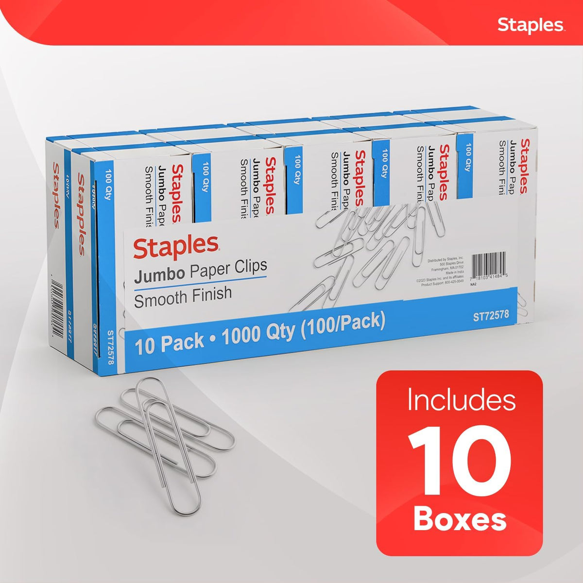 Staples Jumbo Paper Clips, Silver, Large Steel, 1,000-Pack