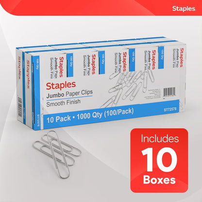 Staples Jumbo Paper Clips, Silver, Large Steel, 1,000-Pack