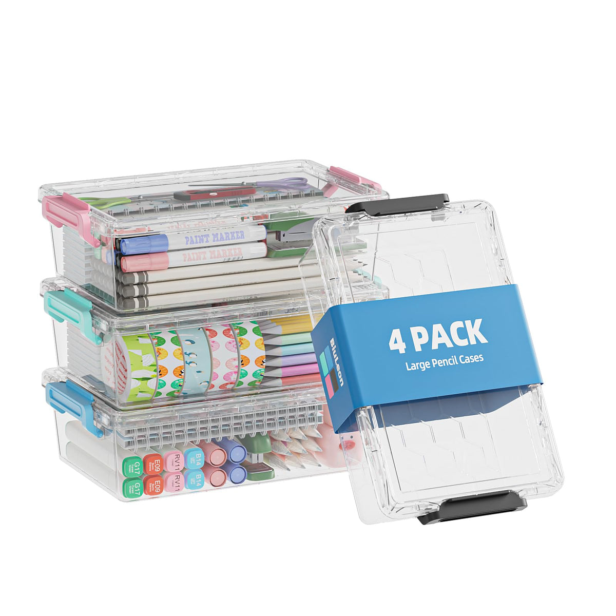 BiuLeon 4 Pack Extra Large Pencil Box, Plastic Pencil Case Organizer, Clear Crayon Box Marker Organizer, Stackable Craft Organizers and Storage for Pen, Craft, Art Supply(Grey)