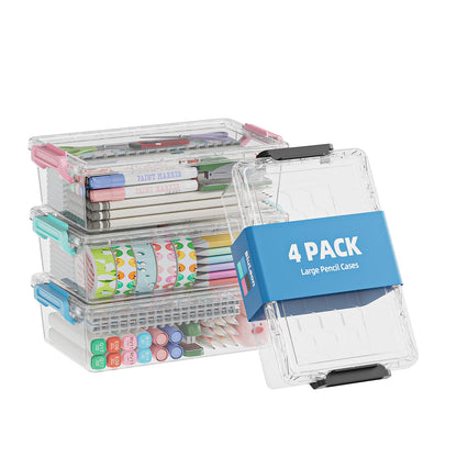 BiuLeon 4 Pack Extra Large Pencil Box, Plastic Pencil Case Organizer, Clear Crayon Box Marker Organizer, Stackable Craft Organizers and Storage for Pen, Craft, Art Supply(Grey)