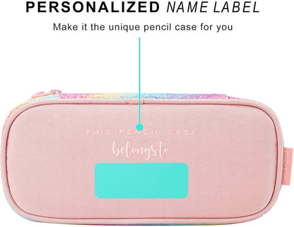 mibasies Girls Pencil Case for Kids, Multi-Slot Pencil Pouch, Pink Blue Rainbow