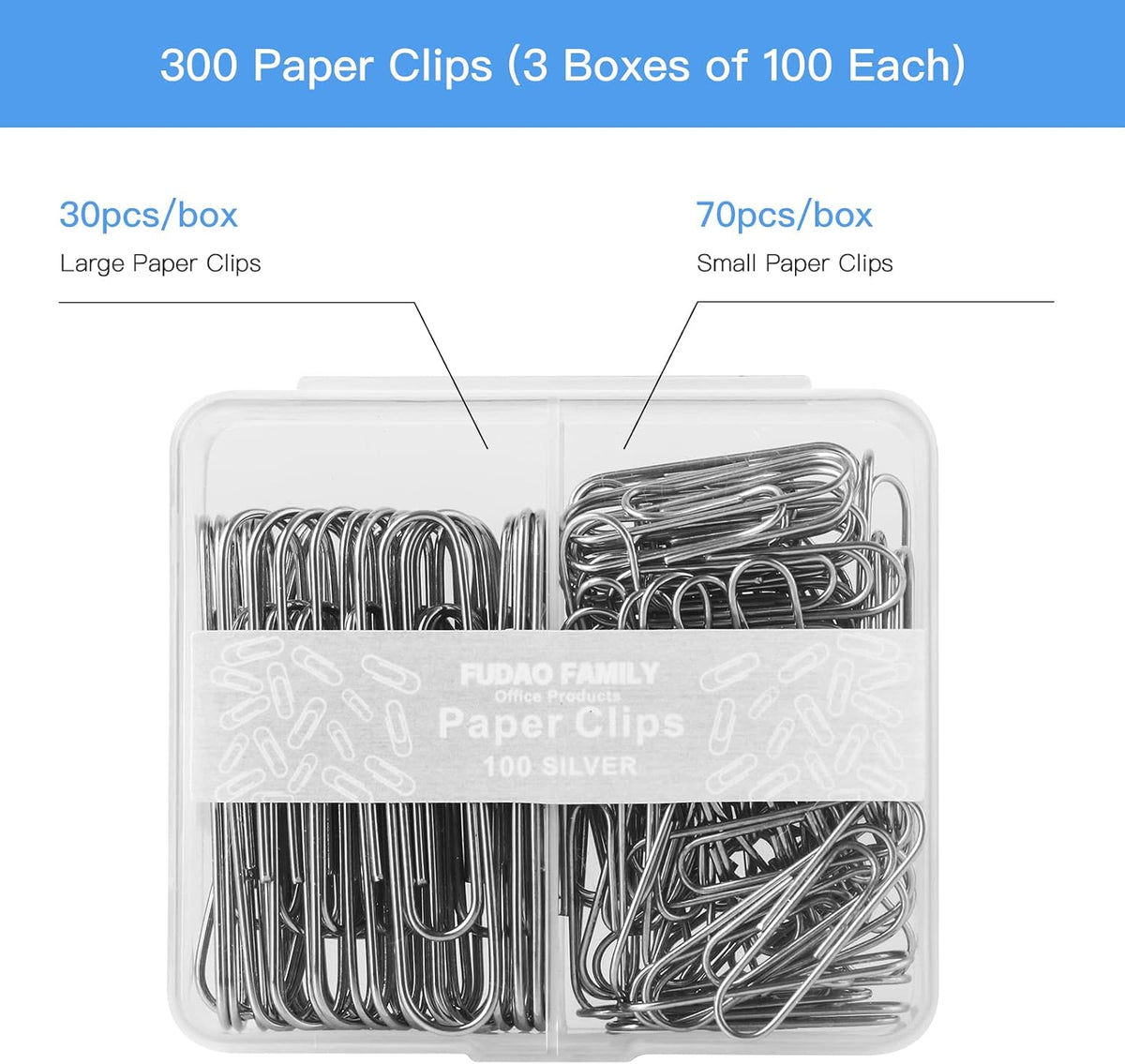 FUDAO FAMILY Paper Clips Assorted Sizes, Large and Small Paper Clips, Paper Clip, Paperclips, Pack of 3 Boxes of 100 Clips Each (300 Clips Total)
