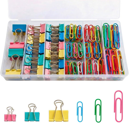 300Pcs Colored Paper Clips and Binder Clips Assorted Sizes, Large Medium Small Binder Paper Clips Office Clips Office Supplies, Assorted Paper Clamps PaperClips for Home Office Supplies in a Container