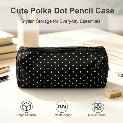 Cute Polka Dot Pencil Case Aesthetic Pencils Pouch, Black 1Pcs - Y2K Pencil Case Polka Dot, Slim Soft Canvas Pencil Pouch for High School College Student Stationery Supplies & Makeup Bag