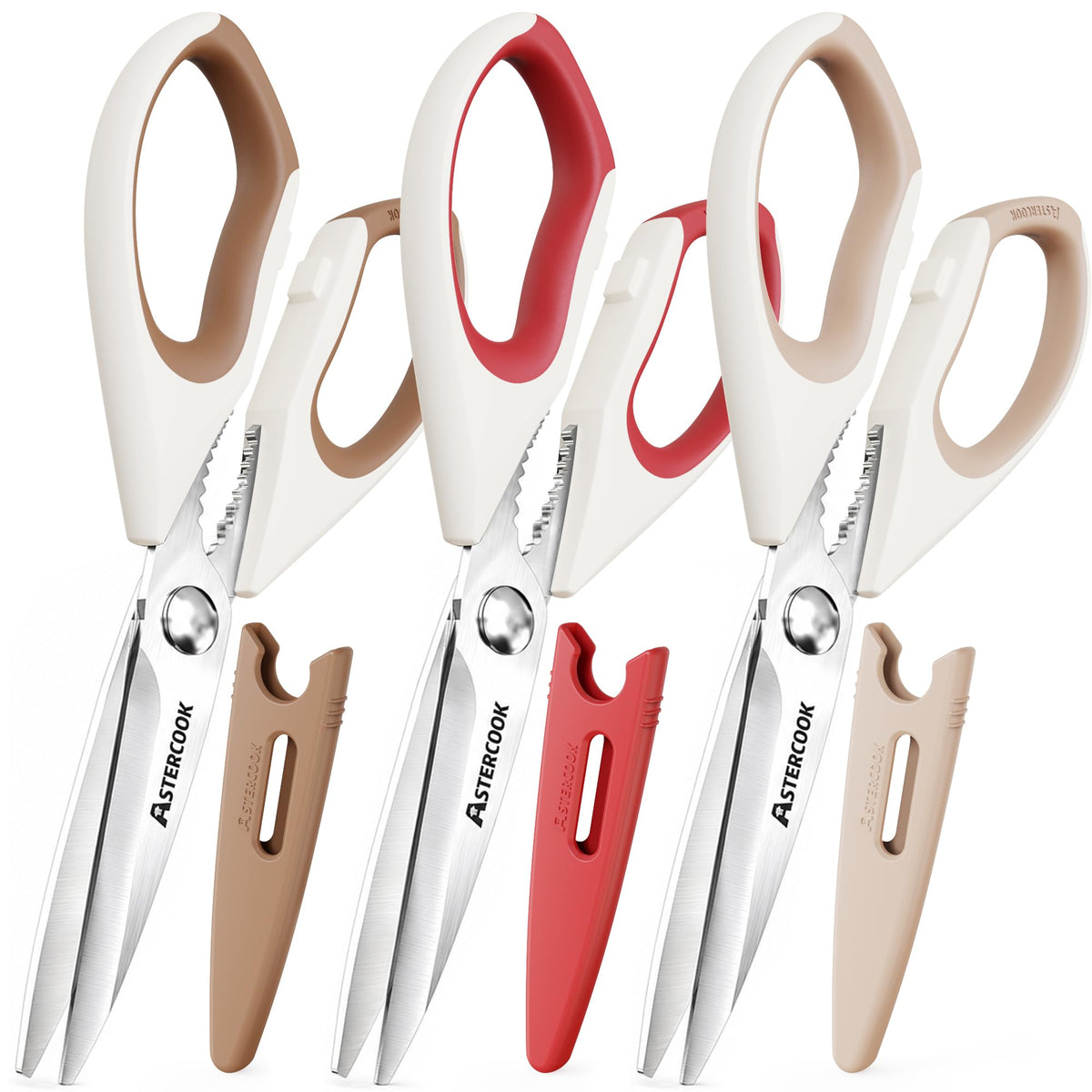 Astercook Kitchen Scissors, 3-Pack Heavy Duty Kitchen Shears with Stainless Steel Blades for Meat, Poultry, Herbs, Vegetables and Packaging, Dishwasher Safe