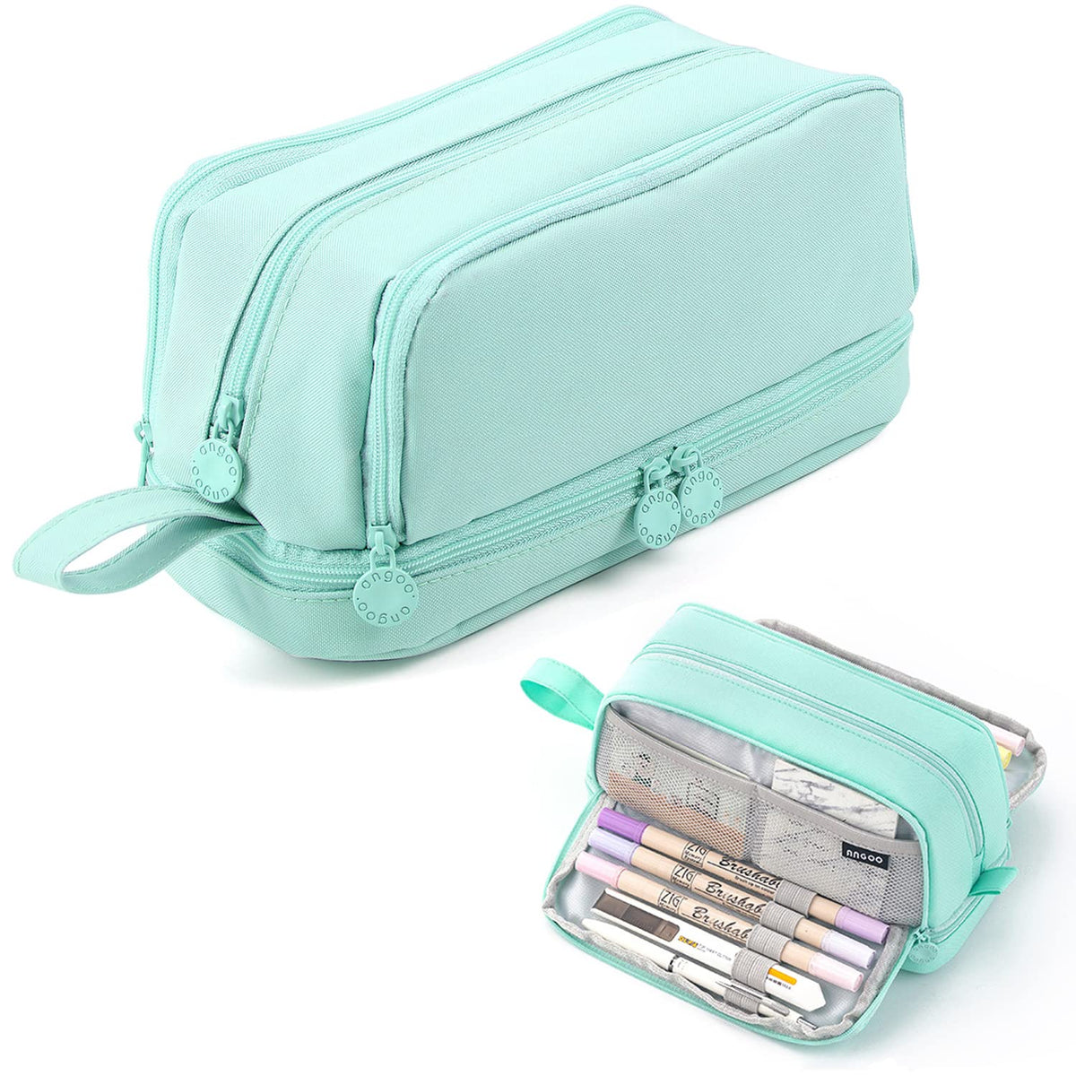 MAMUNU Large Capacity Pencil Case 4 Compartments, Pencil Pouch Bag with Zipper Portable Handle, Pen Case Bag Stationery Organizer for Office College School Adults Teen Girls Boys Men Women, Pink