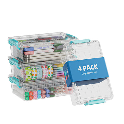 BiuLeon 4 Pack Extra Large Pencil Box, Plastic Pencil Case Organizer, Clear Crayon Box Marker Organizer, Stackable Craft Organizers and Storage for Pen, Craft, Art Supply(Grey)