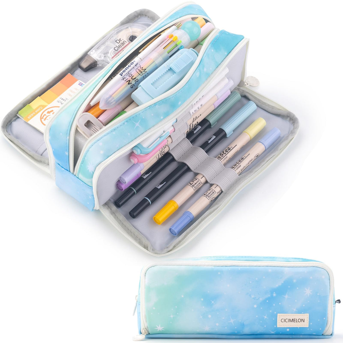 CICIMELON Large Capacity Pencil Case 3 Compartment Pouch Pen Bag for School Teen Girl Boy Men Women (Black)