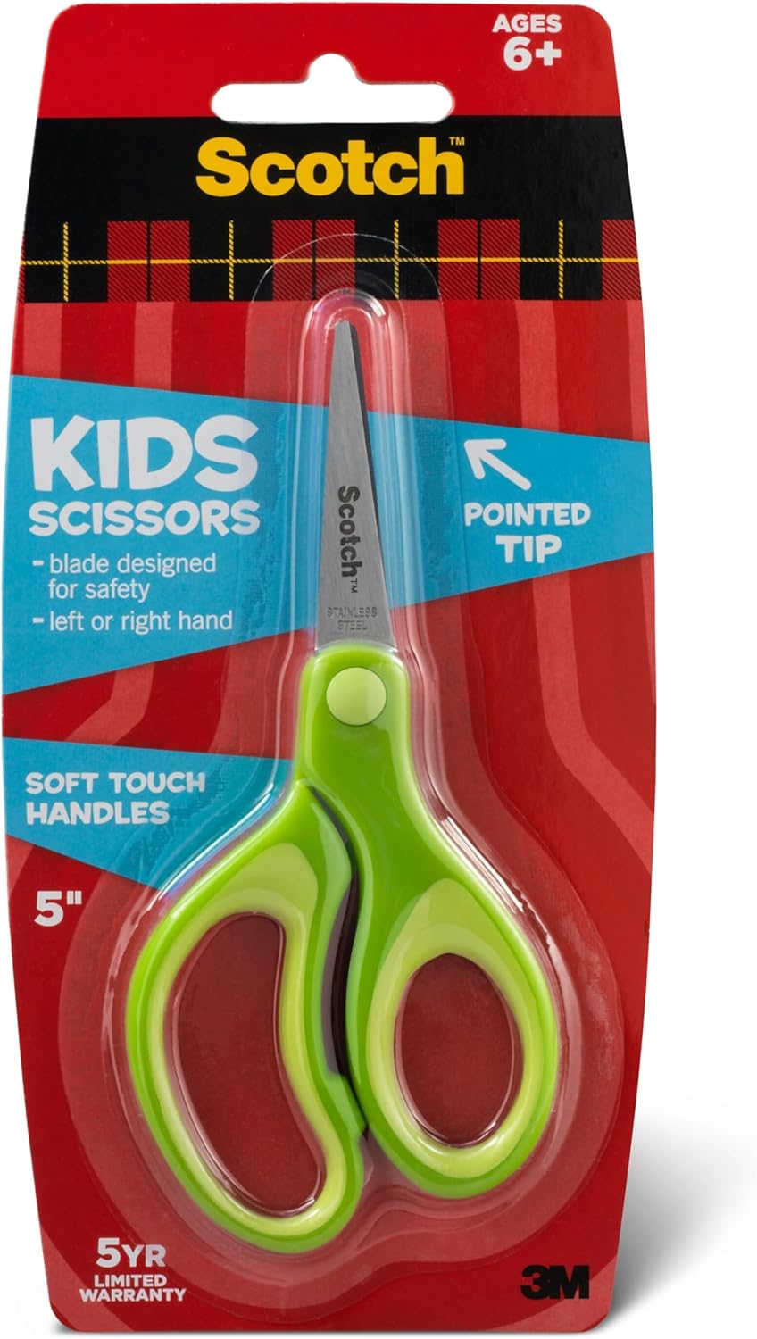 Scotch Kids Pointed Tip Scissors with Soft Touch, 5" (Colors may vary)