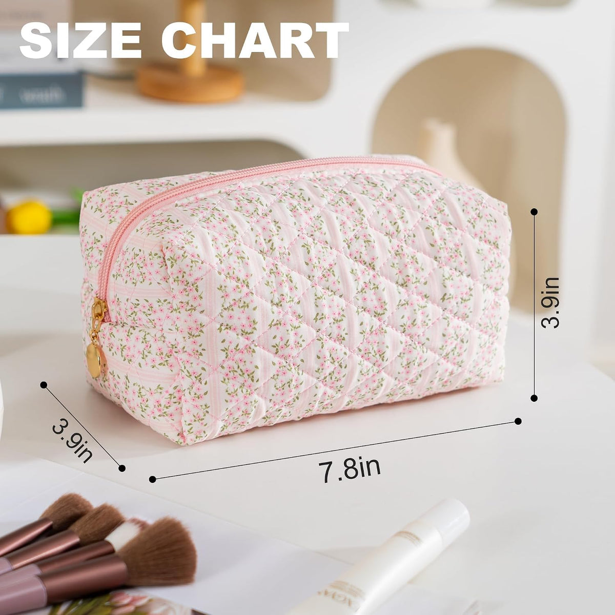 Makeup Bag Travel Toiletry Bag for Women, Small Cosmetic Bags Cute Quilted Cotton Makeup Pouch for Purse Emergency Bag Pencil Case Accessory Bag, Pastel Pink