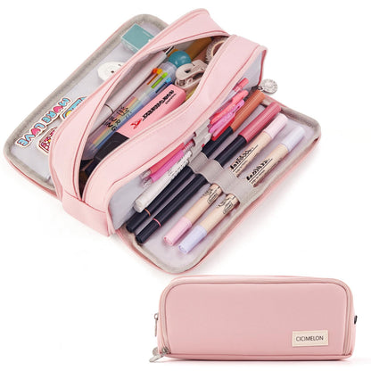 CICIMELON Large Capacity Pencil Case 3 Compartment Pouch Pen Bag for School Teen Girl Boy Men Women (Black)
