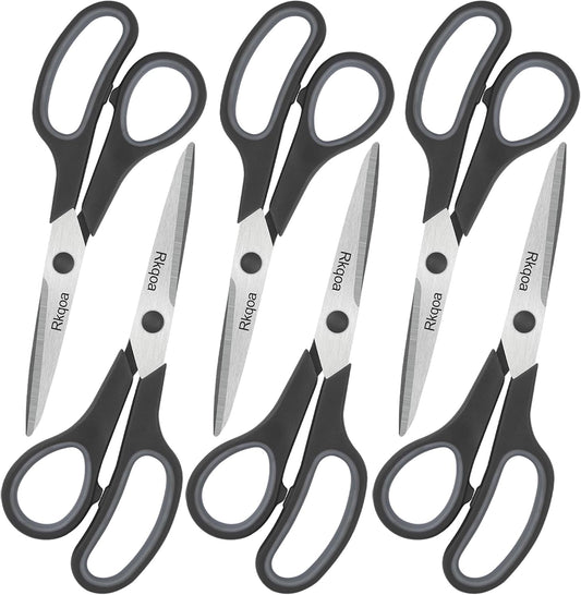 Black 6 Scissors Pack, Rkqoa 8" All Purpose Sharp Scissor for Everyday Use