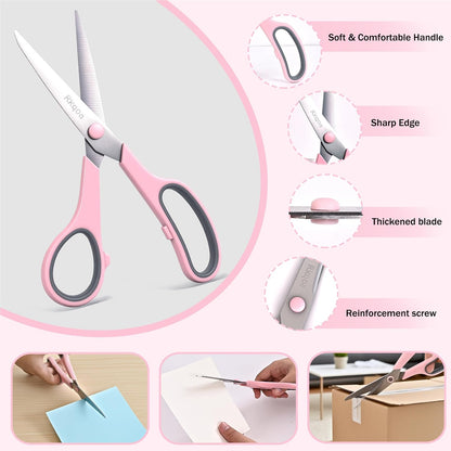 Scissors, 6 Pack 8" All Purpose Comfort-Grip Sharp Shears for Everyday Use