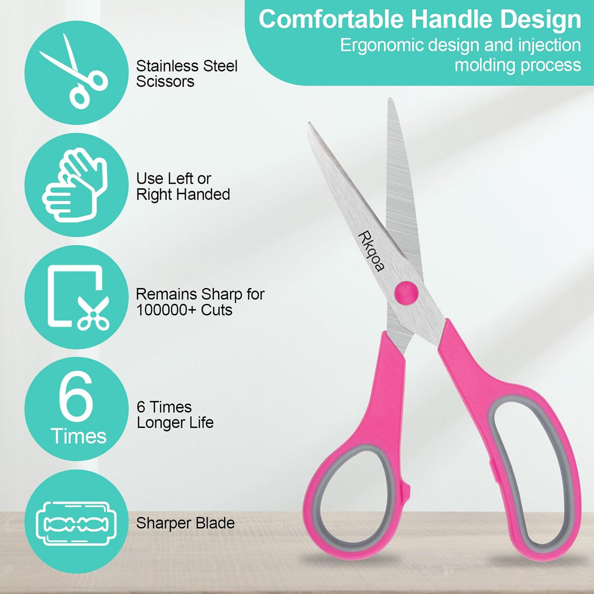 Scissors, 6 Pack 8" All Purpose Comfort-Grip Sharp Shears for Everyday Use