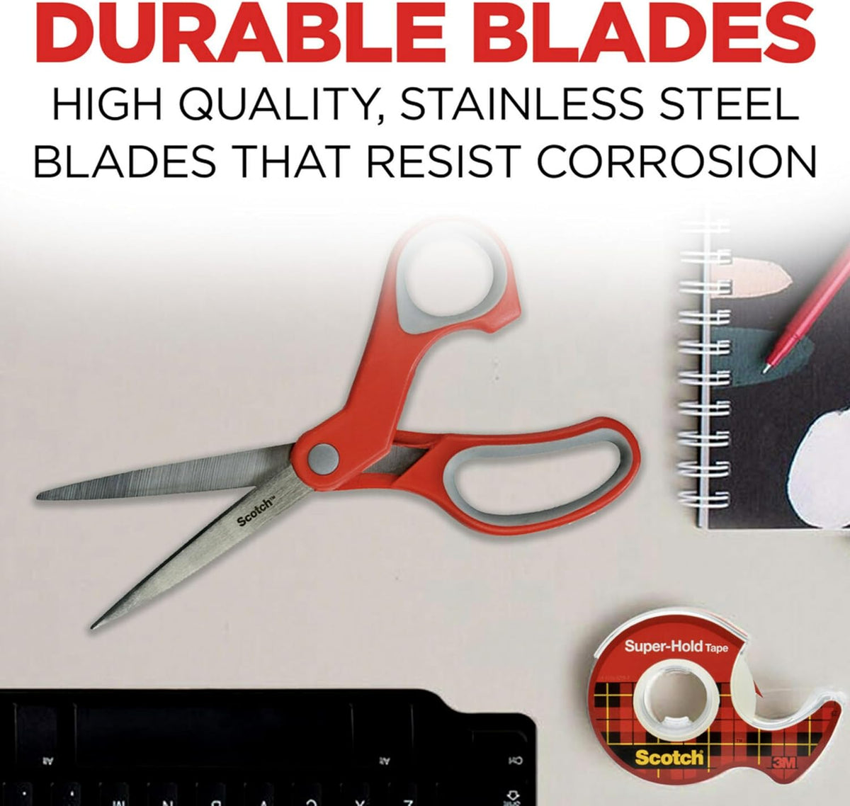 Scotch Multi-Purpose Stainless Steel Scissors, 8 Inches, Red & Gray, Great for Home, School and Office