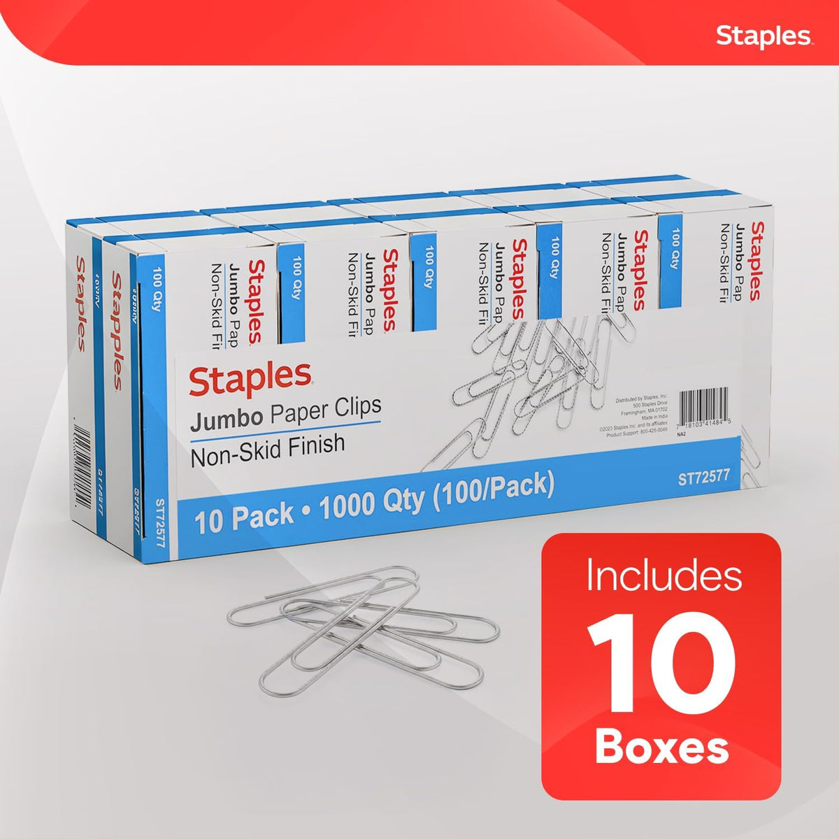 Staples Jumbo Paper Clips, Silver, Non-Skid, Heavy-Duty, 1,000-Pack