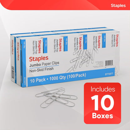 Staples Jumbo Paper Clips, Silver, Non-Skid, Heavy-Duty, 1,000-Pack