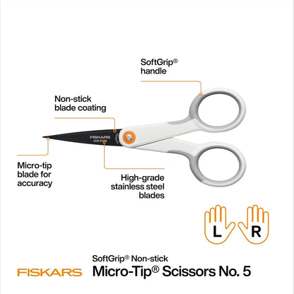 Fiskars 5" Non-Stick Micro-Tip Scissors for Sticky Materials, No. 5, White