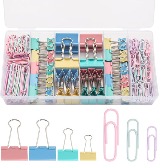 240PCS Colored Assorted Size Paper Clips and Binder Clips, Paperclips Large Medium Small, Binder Clip and Paper Clip Set for Home, School, and Office Supplies in a Container with Compartments