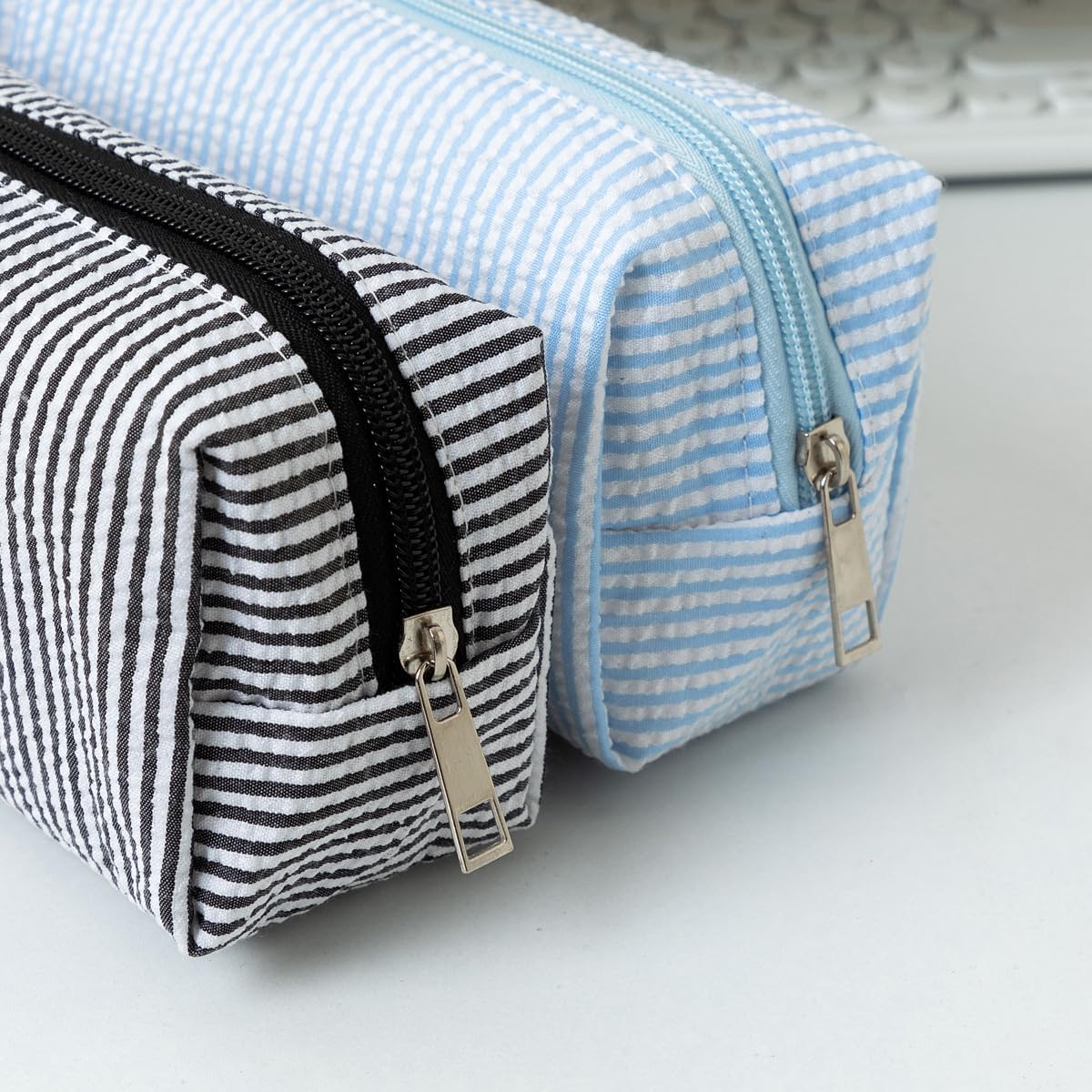 Seersucker Striped Pencil Bag, Large Capacity Stationery Pouch