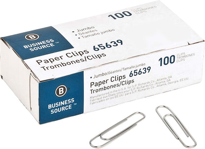 Business Source Jumbo Paper Clips, Steel Wire, 0.041 Gauge, 100 Count, Pack of 10 (1000 Total Paper Clips)