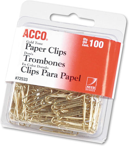 ACCO Brands Paper Clips, Regluar, # 2 Size, Smooth, Gold, 100 Clips/Box (72533), Model:A7072533