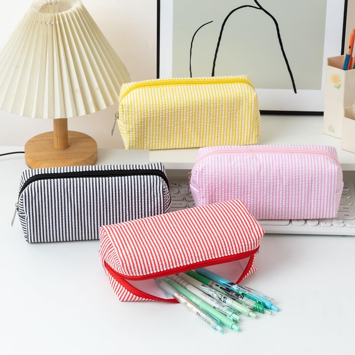 Seersucker Striped Pencil Bag, Large Capacity Stationery Pouch