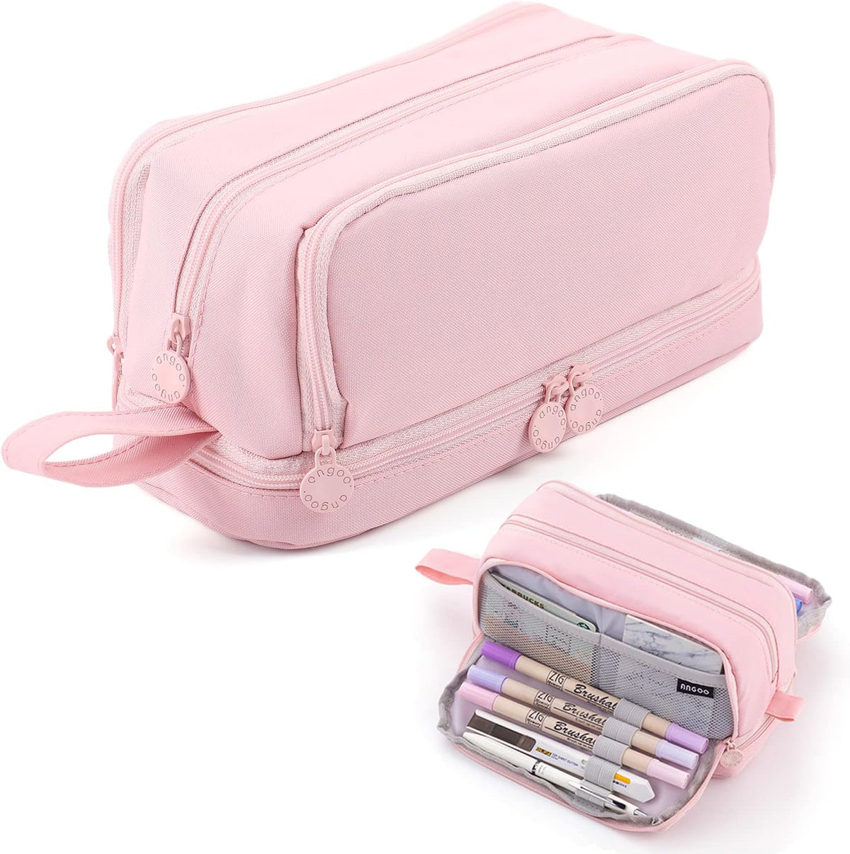 MAMUNU Large Capacity Pencil Case 4 Compartments, Pencil Pouch Bag with Zipper Portable Handle, Pen Case Bag Stationery Organizer for Office College School Adults Teen Girls Boys Men Women, Pink