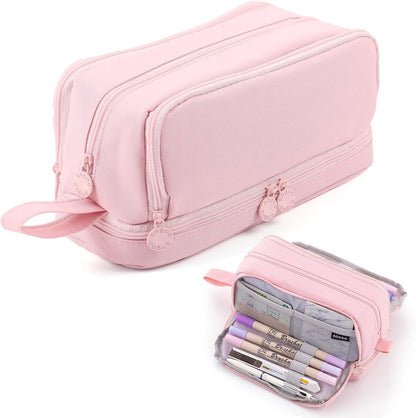 MAMUNU Large Capacity Pencil Case 4 Compartments, Pencil Pouch Bag with Zipper Portable Handle, Pen Case Bag Stationery Organizer for Office College School Adults Teen Girls Boys Men Women, Pink