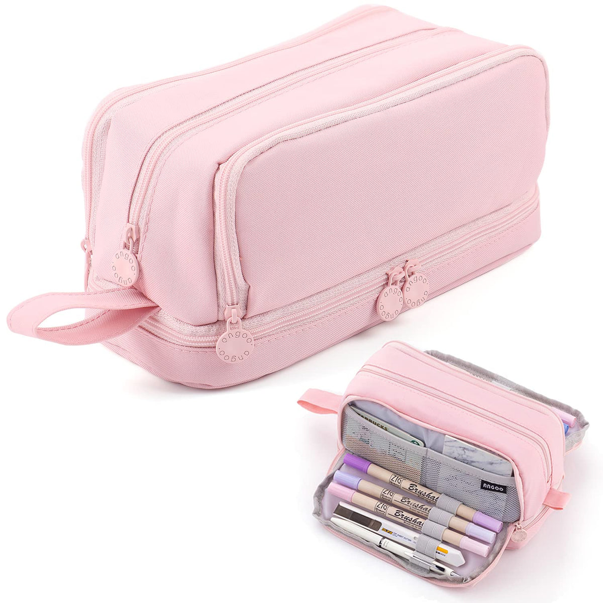 MAMUNU Large Capacity Pencil Case 4 Compartments, Pencil Pouch Bag with Zipper Portable Handle, Pen Case Bag Stationery Organizer for Office College School Adults Teen Girls Boys Men Women, Pink