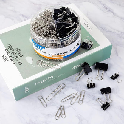 FUDAO FAMILY Paper Clips & Binder Clips, 340 PCS Assorted Sizes, Silver & Black, Metal, Medium, Large, Small
