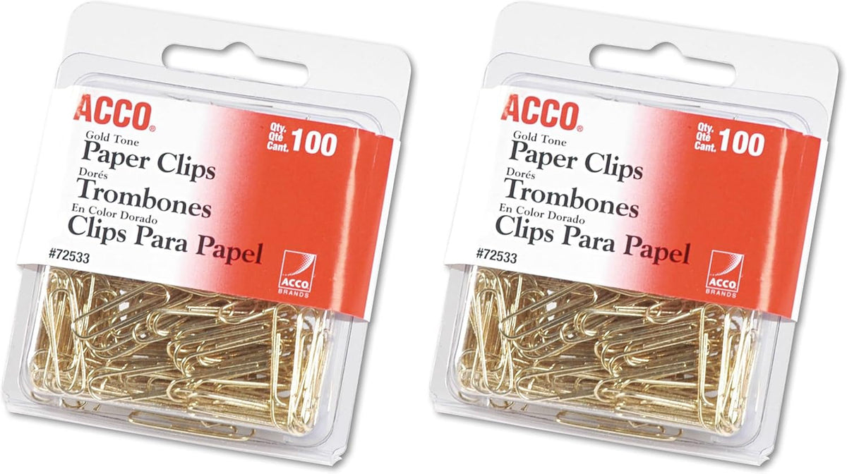 ACCO Brands Paper Clips, Regluar, # 2 Size, Smooth, Gold, 100 Clips/Box (72533), Model:A7072533