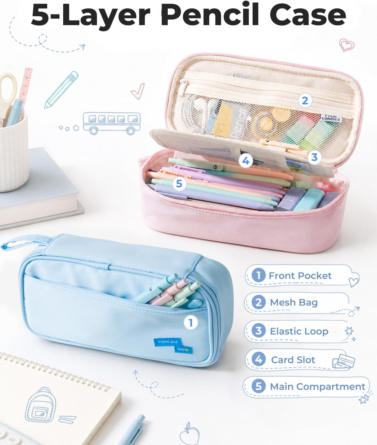 Four Candies Large Pencil Case, 5 Compartments Canvas Pen Organize