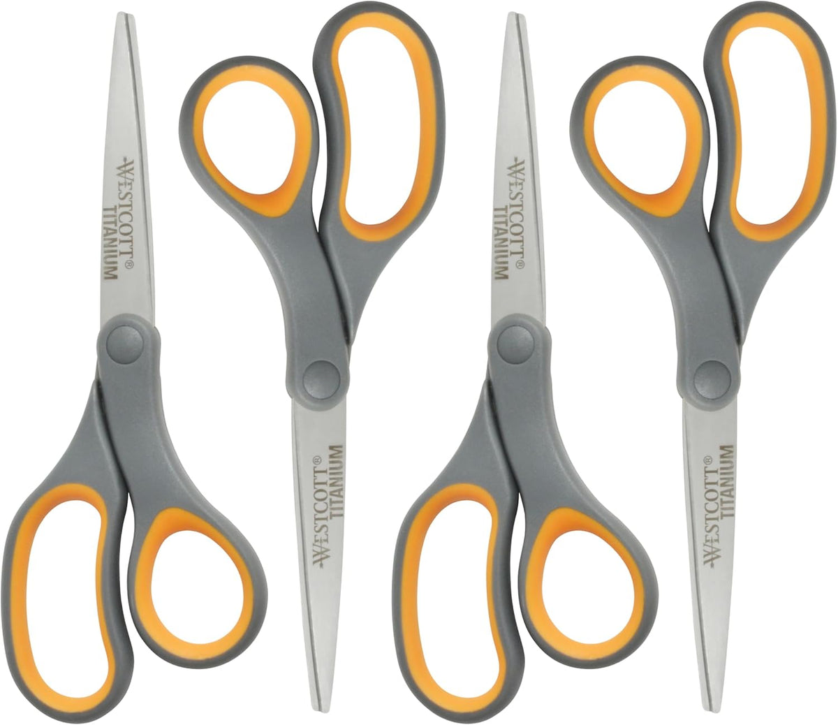 Westcott 8-Inch Titanium Bonded Straight Scissors, Soft Handle, Gray/Yellow, 4-Pack