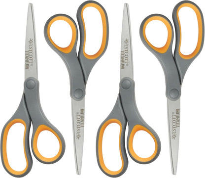 Westcott 8-Inch Titanium Bonded Straight Scissors, Soft Handle, Gray/Yellow, 4-Pack