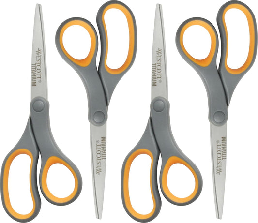 Westcott 8-Inch Titanium Bonded Straight Scissors, Soft Handle, Gray/Yellow, 4-Pack