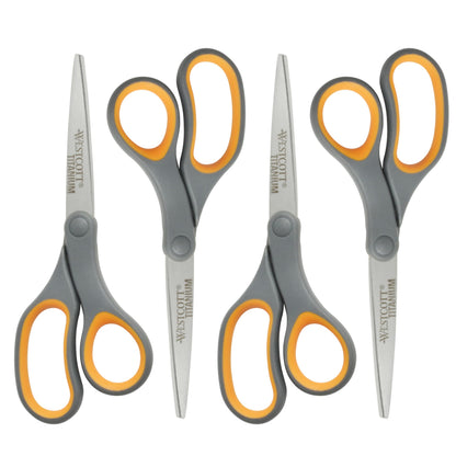 Westcott Titanium Bonded Scissors, Soft Handle, 8", Straight, Gray/Yellow, 6-Pack
