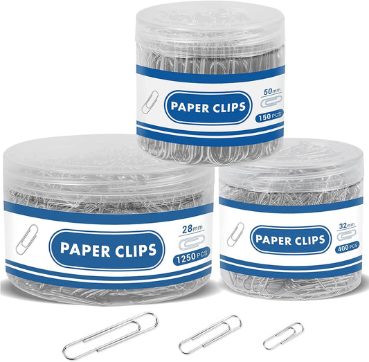 1800 Paper Clips Assorted Sizes, Small Medium Large, 3 Storage Containers