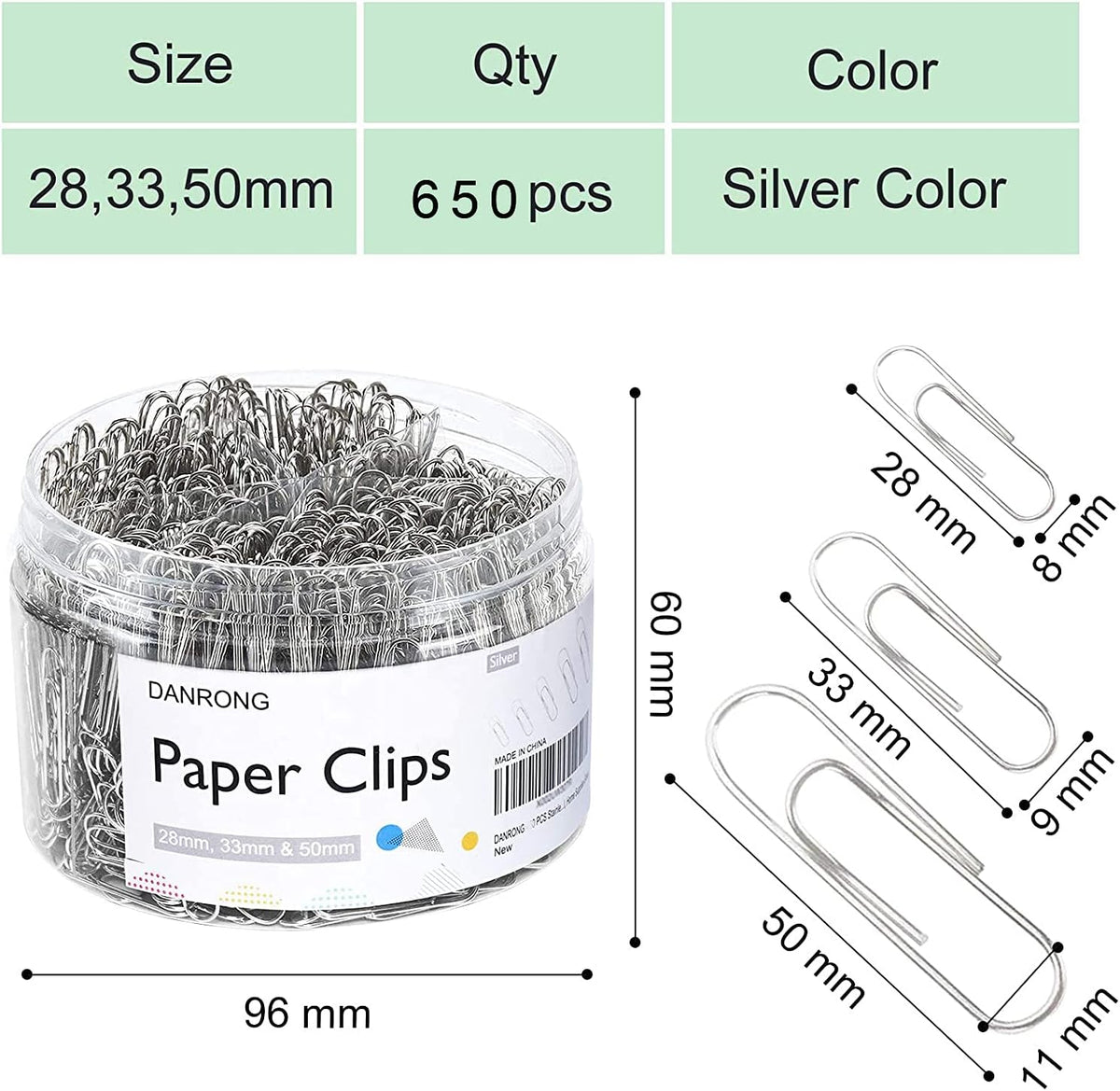 650 PCS Paper Clips Assorted Sizes, Small Medium and Large (1.1", 1.3" & 2"), Paperclips for Office, School, Home Supplies-Silver