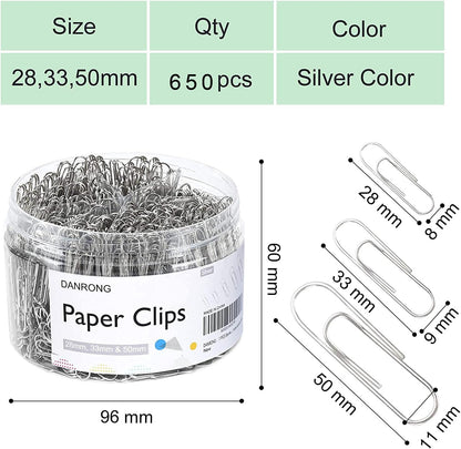 650 PCS Paper Clips Assorted Sizes, Small Medium and Large (1.1", 1.3" & 2"), Paperclips for Office, School, Home Supplies-Silver