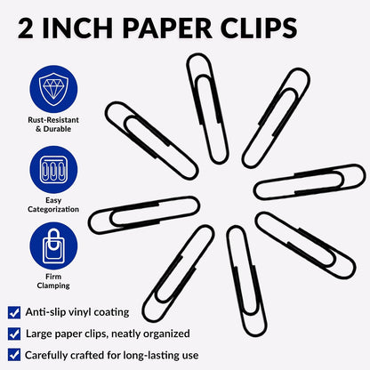 Large Paper Clips, 2 Inch Black Paper Clip, 200 pcs Jumbo Paperclips
