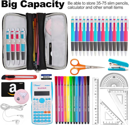 Chelory Big Capacity Pencil Case Large Storage Pencil Bag Pouch Marker 3 Compartment Stationery Pen Cases Holder for Adults Office Organizer Gifts