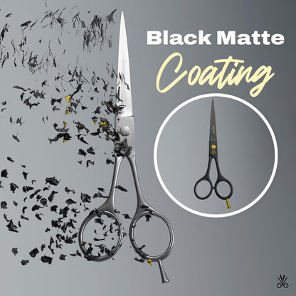 The Cut Factory® Hair Scissors & Hair Cutting Scissors - 6.5” Matte Black Professional Barber Shears with Micro-Serrated Blade, Gift Box & Leather Pouch