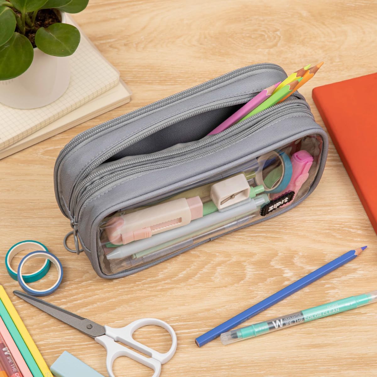 ZIPIT Half & Half Pencil Case, 3-Compartment Aesthetic Zipper Pouch, Grey