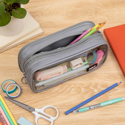 ZIPIT Half & Half Pencil Case, 3-Compartment Aesthetic Zipper Pouch, Grey