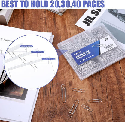 Paper Clips, 500 Pcs Assorted Sizes, Premium Silver Rustproof Metal Paperclips, Large Medium Small, Office School Home Document Organizing