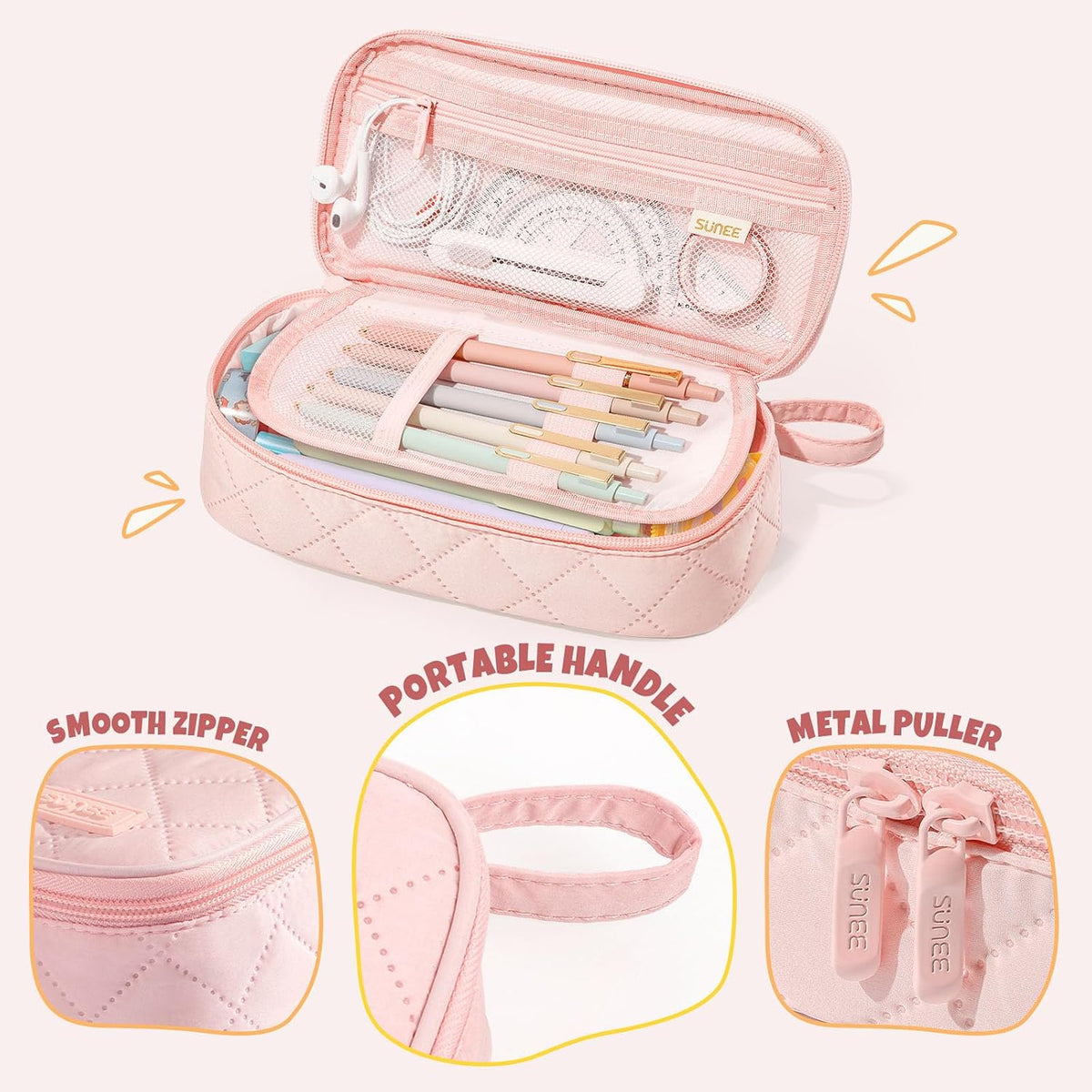 SUNEE Cute Pencil Case, Large Capacity Pencil Pouch Aesthetic Zipper Pencil Bag, Big Storage Pen Organizer for Stationery, Soft Quilted Pencil Box Back to School Supplies for Teen Girls Boys,Soft Pink