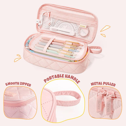 SUNEE Cute Pencil Case, Large Capacity Pencil Pouch Aesthetic Zipper Pencil Bag, Big Storage Pen Organizer for Stationery, Soft Quilted Pencil Box Back to School Supplies for Teen Girls Boys,Soft Pink